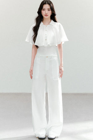 Ruffled Cape Collar Short-Sleeve Shirt