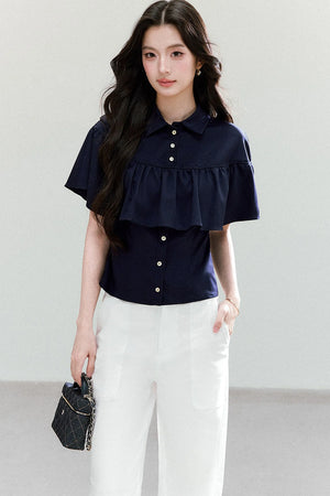 Ruffled Cape Collar Short-Sleeve Shirt