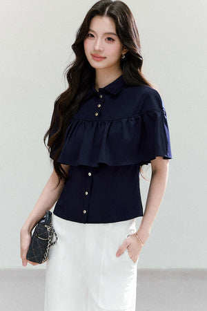 Ruffled Cape Collar Short-Sleeve Shirt