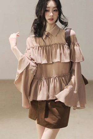 Ruffled Chiffon Polo Blouse