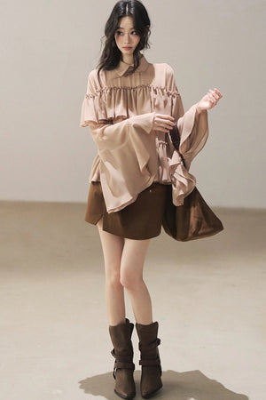 Ruffled Chiffon Polo Blouse