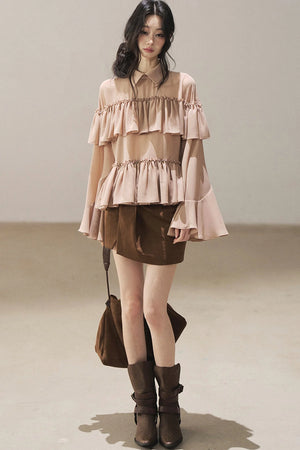 Ruffled Chiffon Polo Blouse