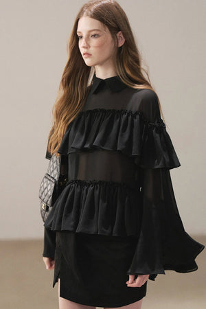 Ruffled Chiffon Polo Blouse