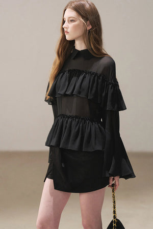 Ruffled Chiffon Polo Blouse