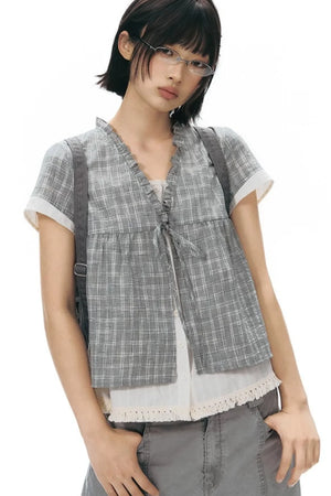 Ruffled Plaid V-Neck Shirt