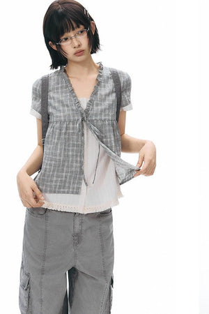 Ruffled Plaid V-Neck Shirt