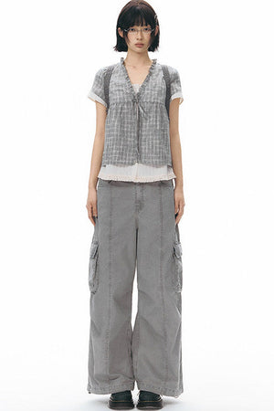 Ruffled Plaid V-Neck Shirt