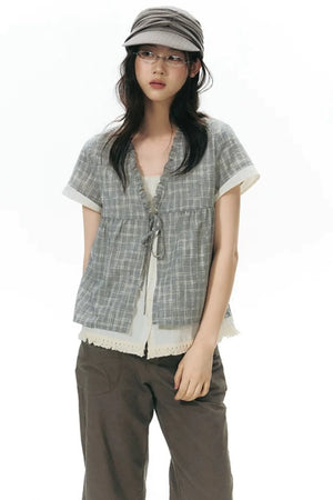 Ruffled Plaid V-Neck Shirt