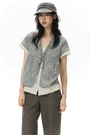 Ruffled Plaid V-Neck Shirt