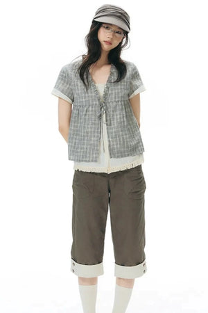 Ruffled Plaid V-Neck Shirt