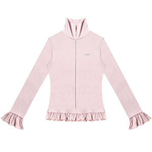Ruffled Turtleneck Slim Knit Top