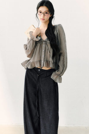 Ruffled V-Neck Long-Sleeved Chiffon Top