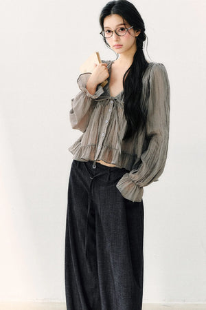 Ruffled V-Neck Long-Sleeved Chiffon Top