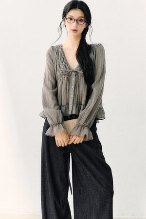 Ruffled V-Neck Long-Sleeved Chiffon Top