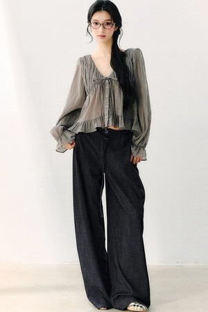 Ruffled V-Neck Long-Sleeved Chiffon Top
