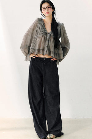 Ruffled V-Neck Long-Sleeved Chiffon Top