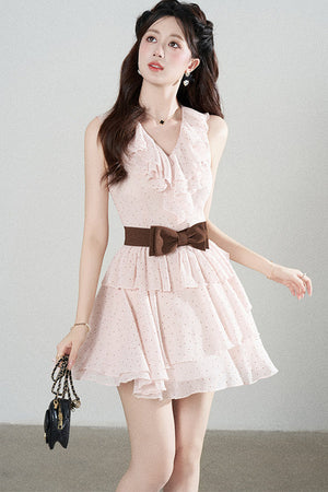 Ruffled V-Neck Pink Polka Dot Tiered Dress