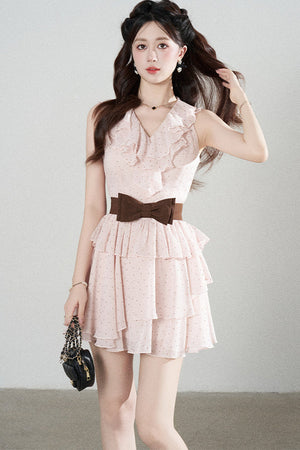 Ruffled V-Neck Pink Polka Dot Tiered Dress