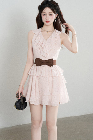 Ruffled V-Neck Pink Polka Dot Tiered Dress
