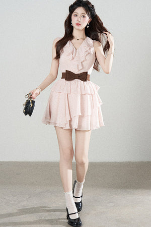 Ruffled V-Neck Pink Polka Dot Tiered Dress