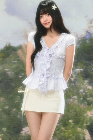 Ruffled V-Neck Short-Sleeve Summer Top Set-Up