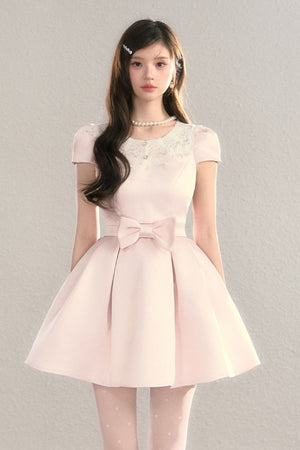 Satin Embroidery Bow A-Line Dress