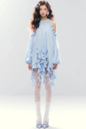 Satin Ruffled Off-Shoulder Dress