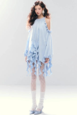 Satin Ruffled Off-Shoulder Dress