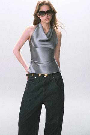 Satin Scoop Neck Halter Top