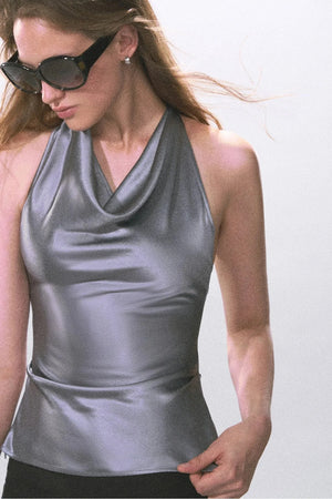 Satin Scoop Neck Halter Top