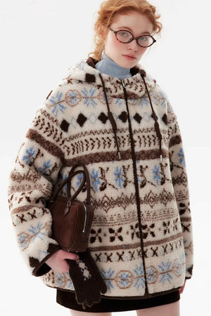 Scandinavian Snowflake Wool Hooded Coat