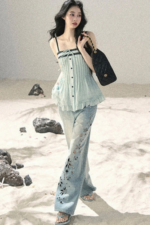 Sea Salt Butterfly Wide-Leg Jeans