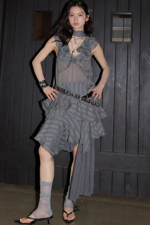 Semi-Sheer Plaid Ruffled Asymmetrical Hem Dress