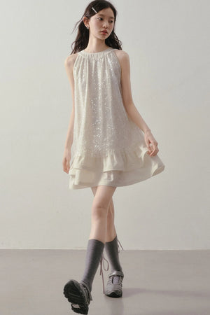 Sequin Halter A-Line Ruffle Short Dress