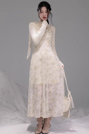 Sheer Apricot Mesh Dress Set