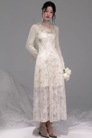Sheer Apricot Mesh Dress Set