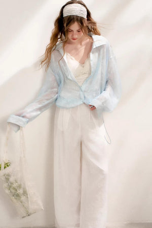 Sheer High-Waisted Wide-Leg Pants