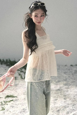 Sheer Lace Floral Top Set