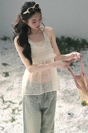 Sheer Lace Floral Top Set