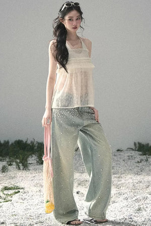 Sheer Lace Floral Top Set