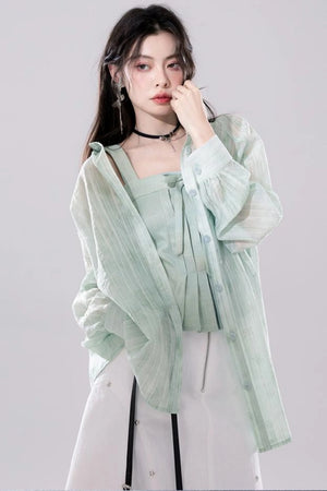 Sheer Layered Shirt Vest Set