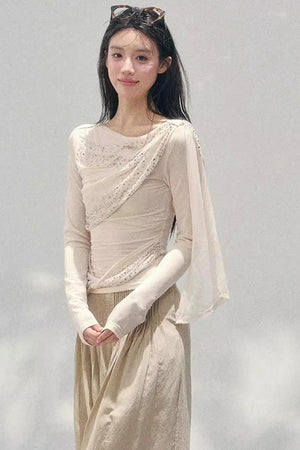 Sheer Rhinestone Slim-Fit Top Set-Up