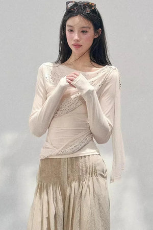Sheer Rhinestone Slim-Fit Top Set-Up