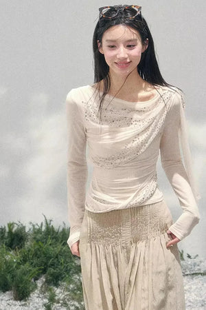 Sheer Rhinestone Slim-Fit Top Set-Up