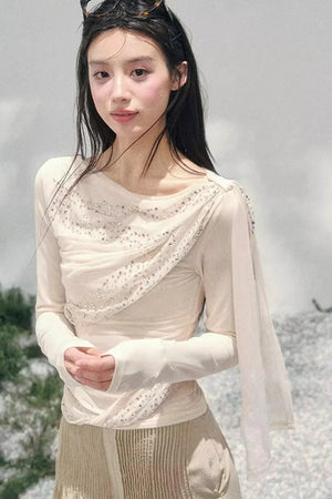 Sheer Rhinestone Slim-Fit Top Set-Up