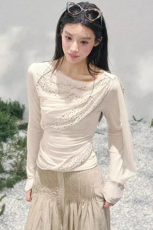Sheer Rhinestone Slim-Fit Top Set-Up
