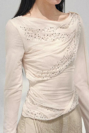 Sheer Rhinestone Slim-Fit Top Set-Up