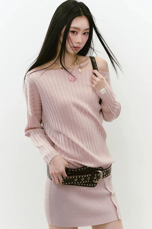 Shiny Silk Button Diagonal Shoulder Dress