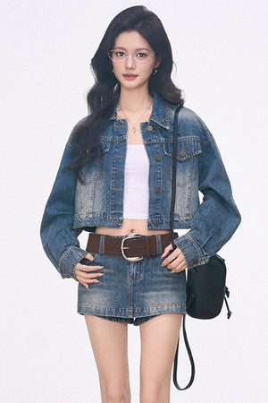 Short Denim Jacket With Curved-Hem Pants and Top 3-Piece Set-Up