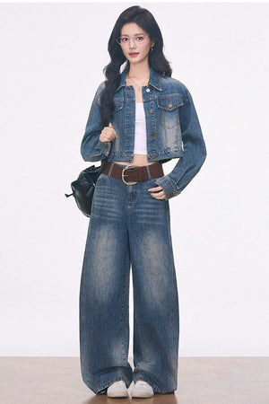 Short Denim Jacket With Curved-Hem Pants and Top 3-Piece Set-Up